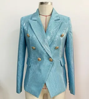 Blazer doppiopetto da donna Nuovo abito Bottoni in metallo Seta argento lucido Slim Elegante moda Blazer classico blu Sp