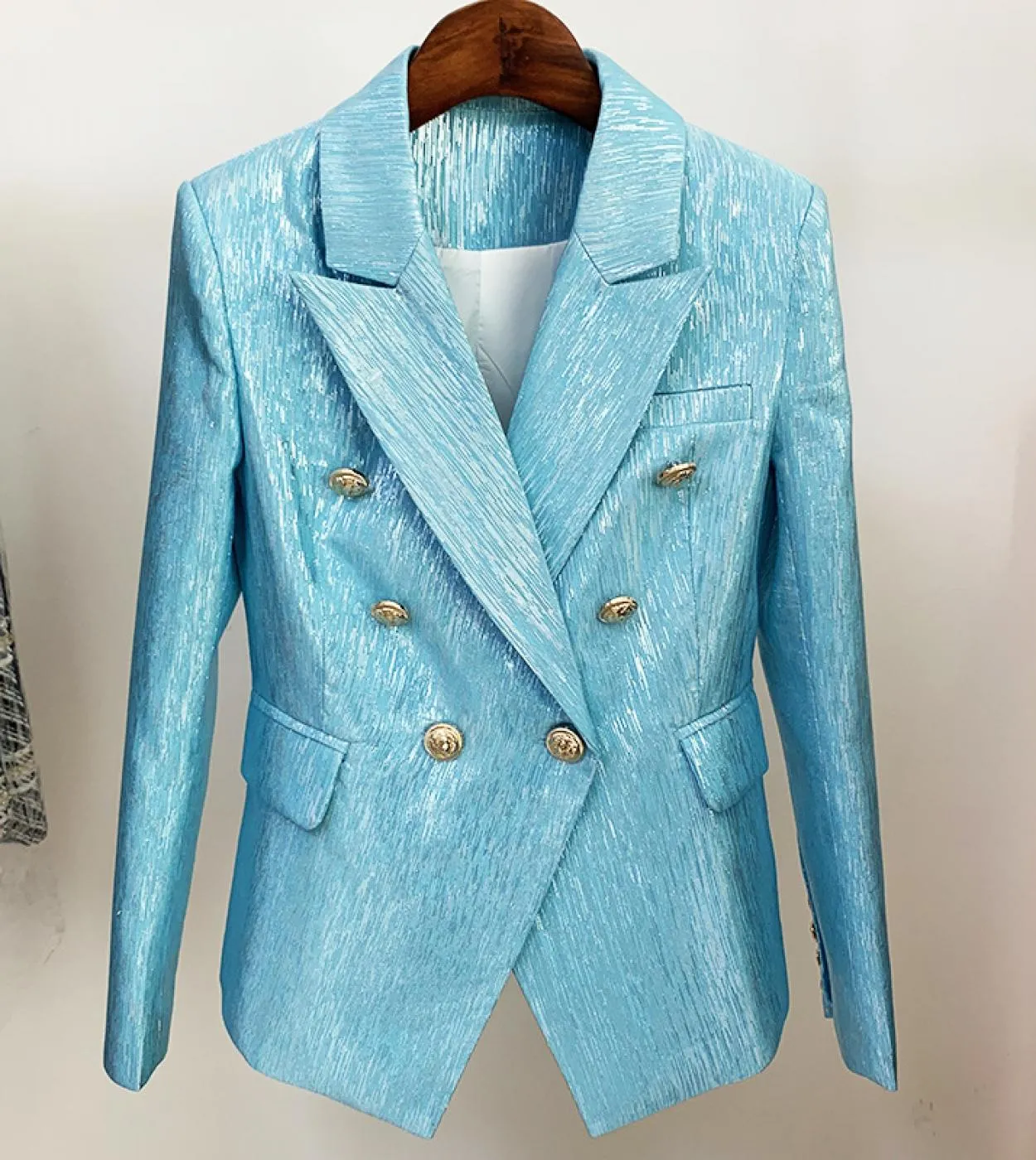 Blazer doppiopetto Donna Nuovo abito Bottone in metallo Seta argento lucido Slim Elegante moda Blazer classico blu Spr