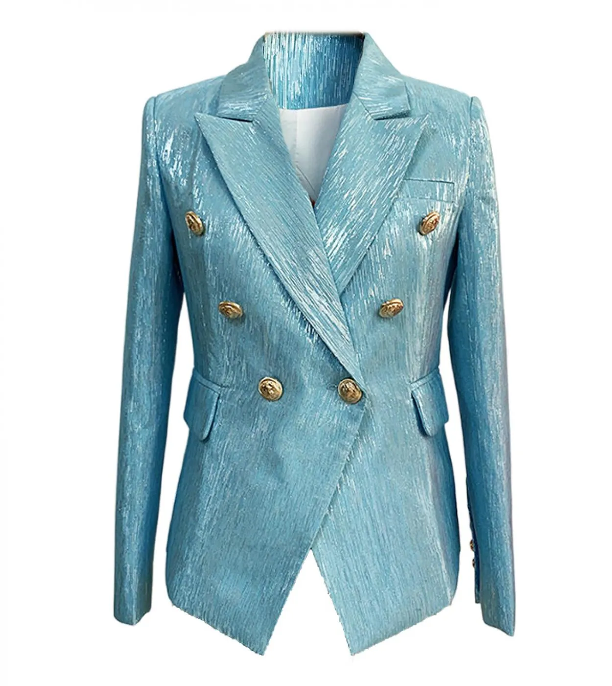 Blazer doppiopetto Donna Nuovo abito Bottone in metallo Seta argento lucido Slim Elegante moda Blazer classico blu Spr