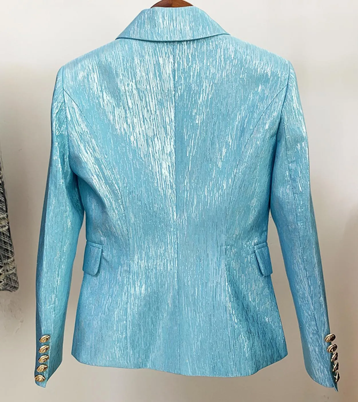 Blazer doppiopetto Donna Nuovo abito Bottone in metallo Seta argento lucido Slim Elegante moda Blazer classico blu Spr