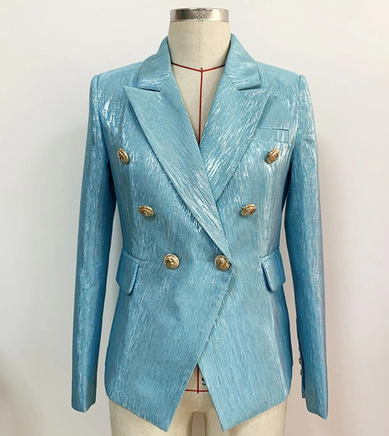 Blazer doppiopetto Donna Nuovo abito Bottone in metallo Seta argento lucido Slim Elegante moda Blazer classico blu Spr