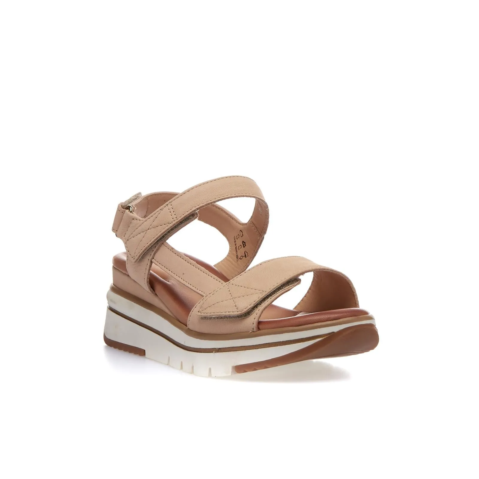 Sandali casual beige in pelle con zeppa e cinturino con velcro