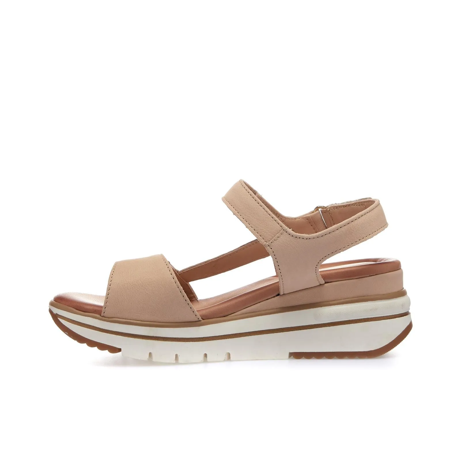 Sandali casual beige in pelle con zeppa e cinturino con velcro